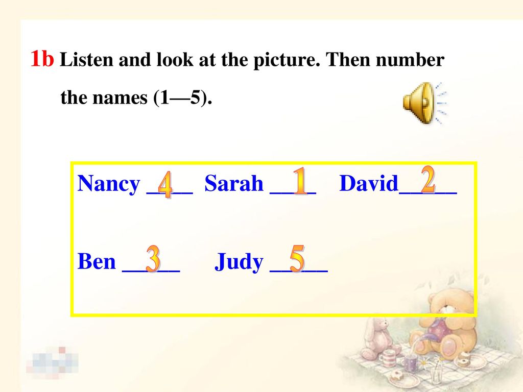 1b Listen and look at the picture. Then number the names (1—5).