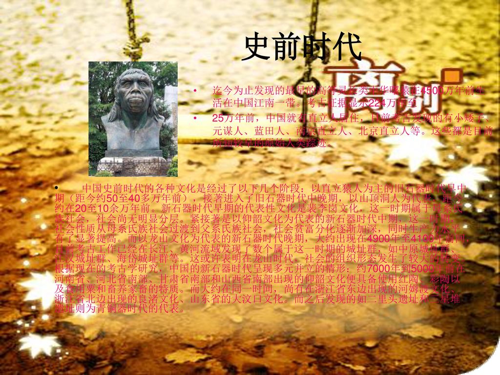 史前时代 迄今为止发现的最早的高等灵长类中华曙猿在4500万年前生活在中国江南一带。考古证据显示224万年至. 25万年前，中国就有直立人居住，目前考古发现的有小矮子、元谋人、蓝田人、南京直立人、北京直立人等。这些都是目前所知较早的原始人类踪迹。