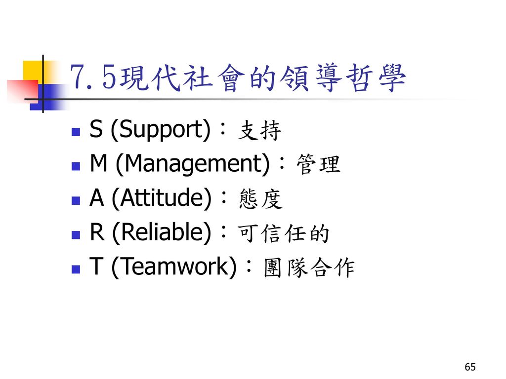 7.5現代社會的領導哲學 S (Support)：支持 M (Management)：管理 A (Attitude)：態度