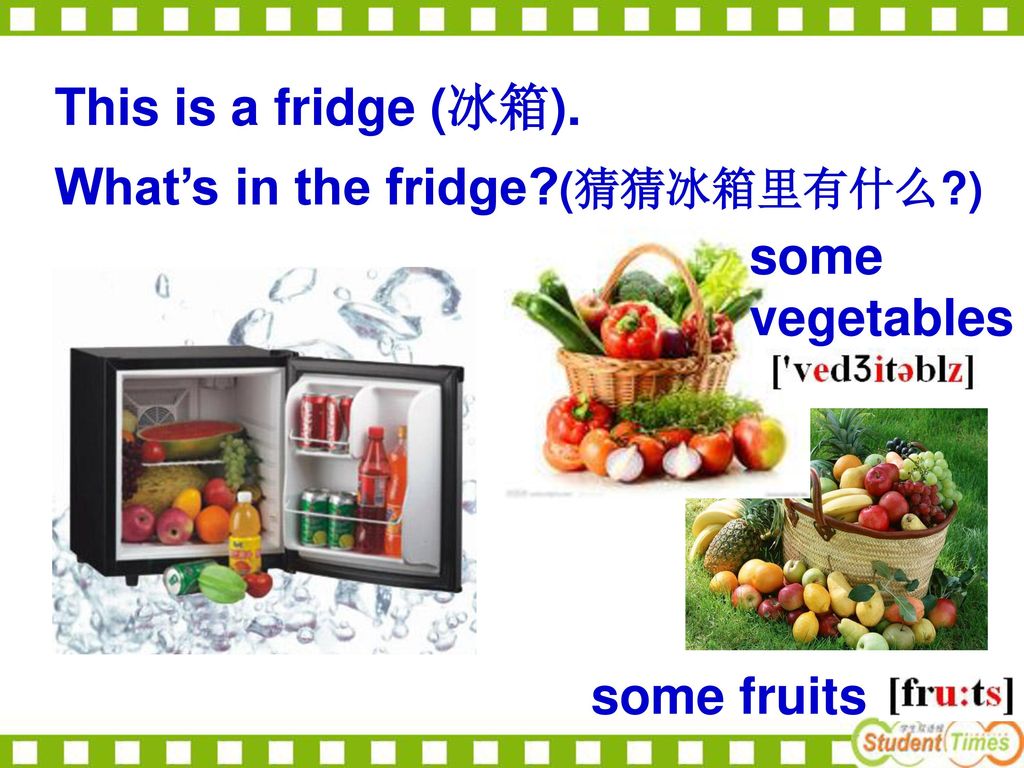 This is a fridge (冰箱). What’s in the fridge (猜猜冰箱里有什么 ) some vegetables some fruits