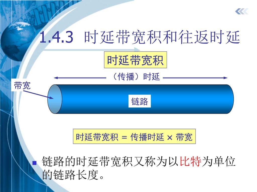 1.4.3 时延带宽积和往返时延 时延带宽积 链路的时延带宽积又称为以比特为单位的链路长度。 （传播）时延 带宽 链路