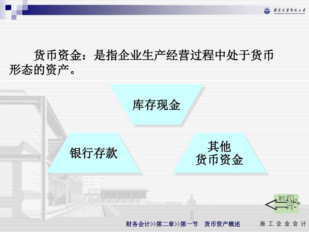 货币资金：是指企业生产经营过程中处于货币 形态的资产。