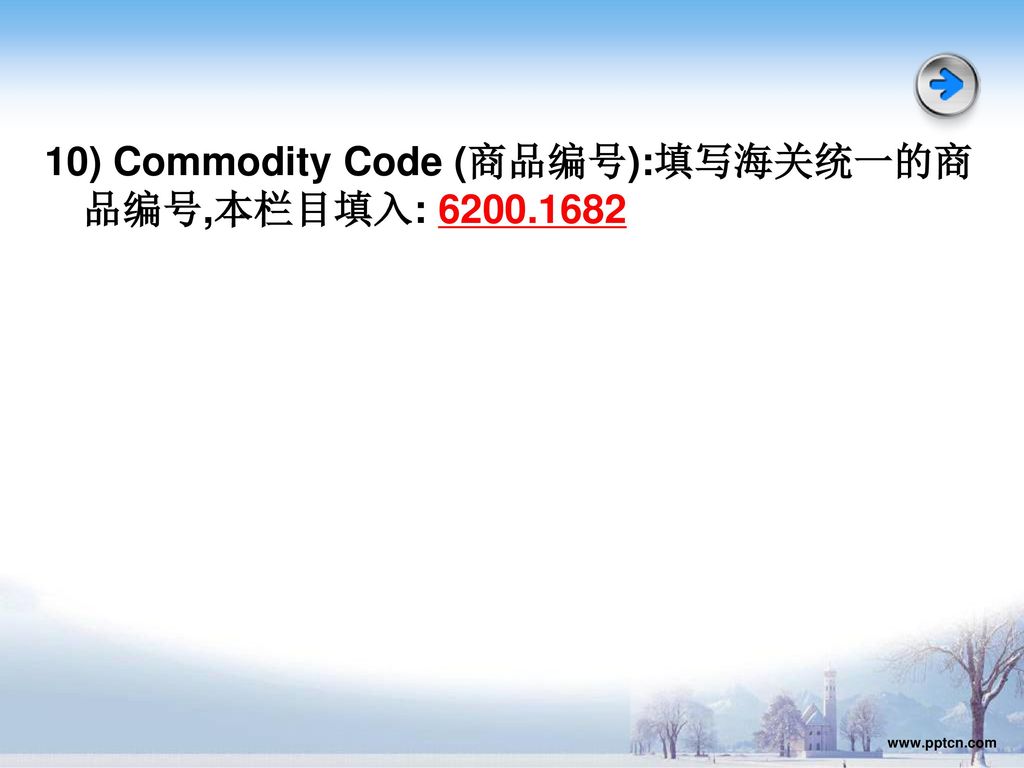 10) Commodity Code (商品编号):填写海关统一的商品编号,本栏目填入: