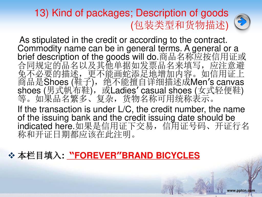 13) Kind of packages; Description of goods (包装类型和货物描述)