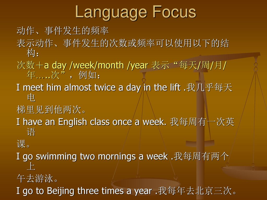 Language Focus 动作、事件发生的频率 表示动作、事件发生的次数或频率可以使用以下的结构：