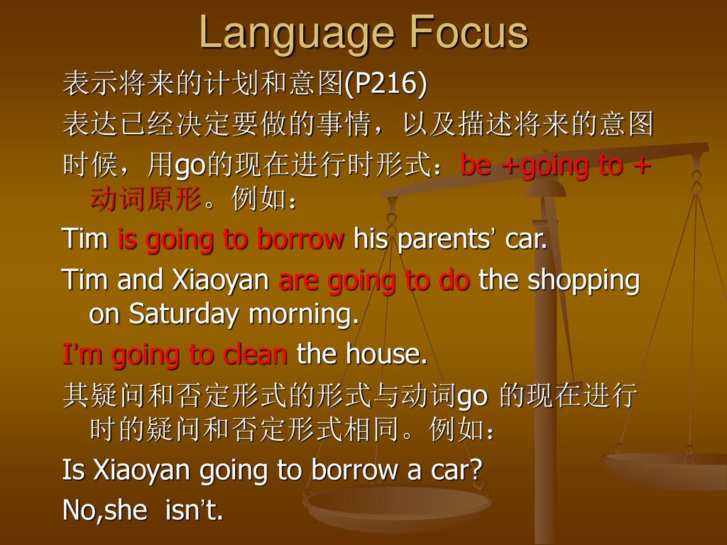 Language Focus 表示将来的计划和意图(P216) 表达已经决定要做的事情，以及描述将来的意图