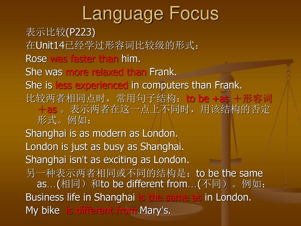 Language Focus 表示比较(P223) 在Unit14已经学过形容词比较级的形式：