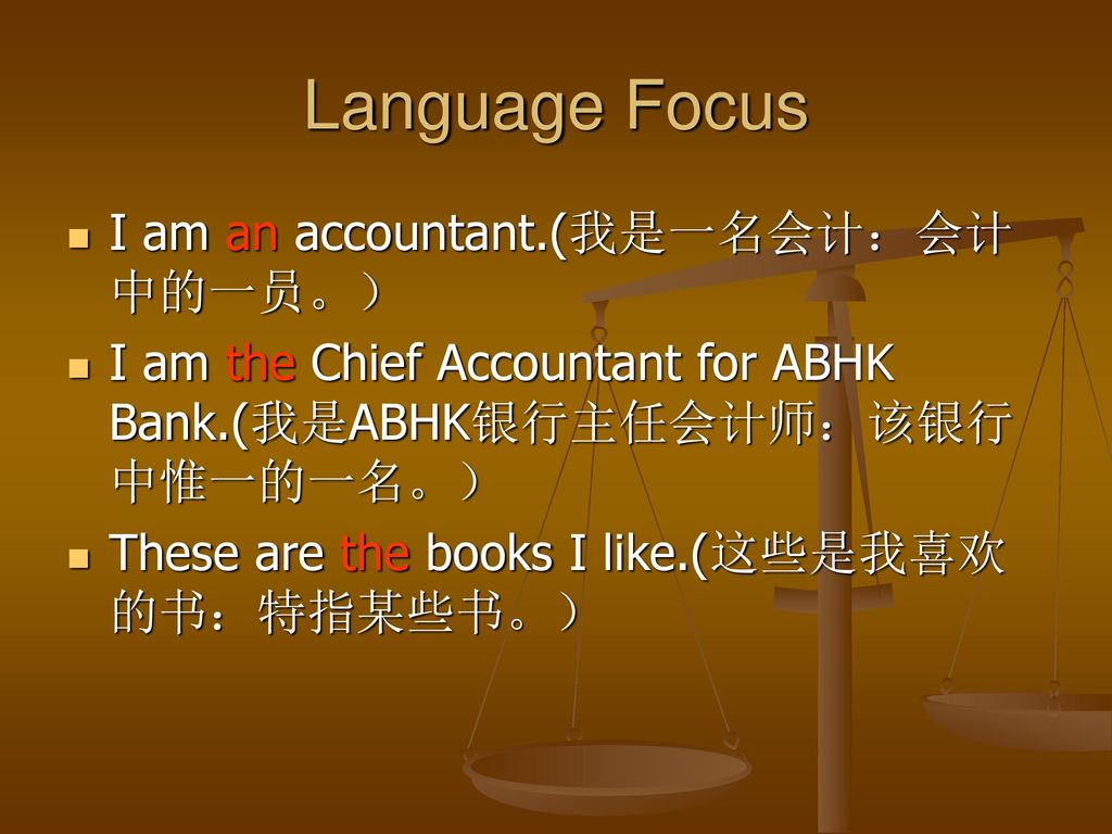 Language Focus I am an accountant.(我是一名会计：会计中的一员。）