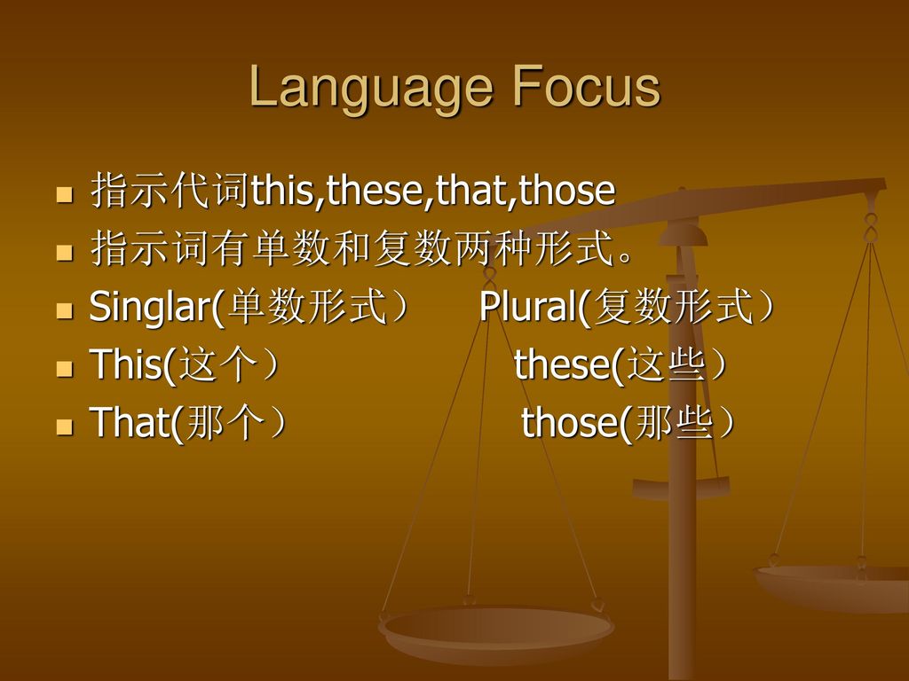 Language Focus 指示代词this,these,that,those 指示词有单数和复数两种形式。