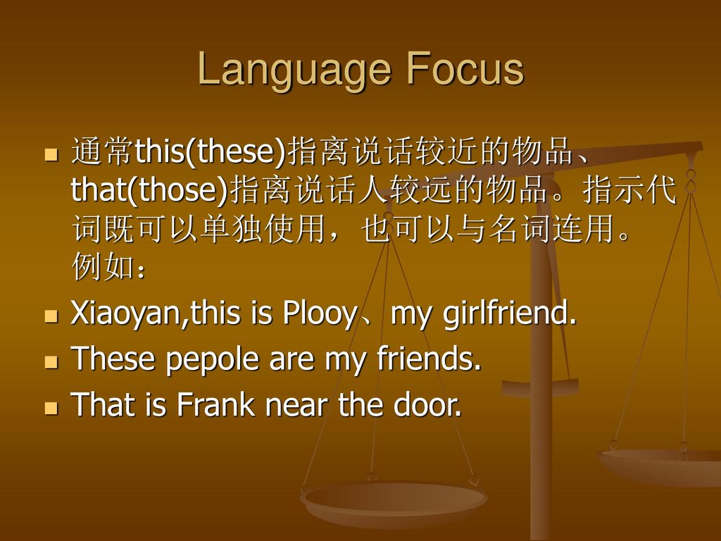 Language Focus 通常this(these)指离说话较近的物品、that(those)指离说话人较远的物品。指示代词既可以单独使用，也可以与名词连用。例如： Xiaoyan,this is Plooy、my girlfriend.