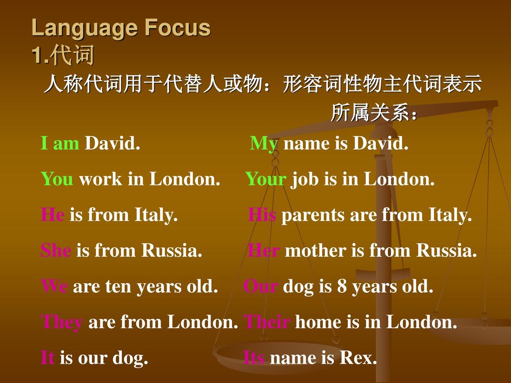 Language Focus 1.代词 人称代词用于代替人或物：形容词性物主代词表示 所属关系：