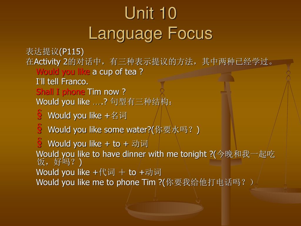 Unit 10 Language Focus 表达提议(P115) 在Activity 2的对话中，有三种表示提议的方法，其中两种已经学过。