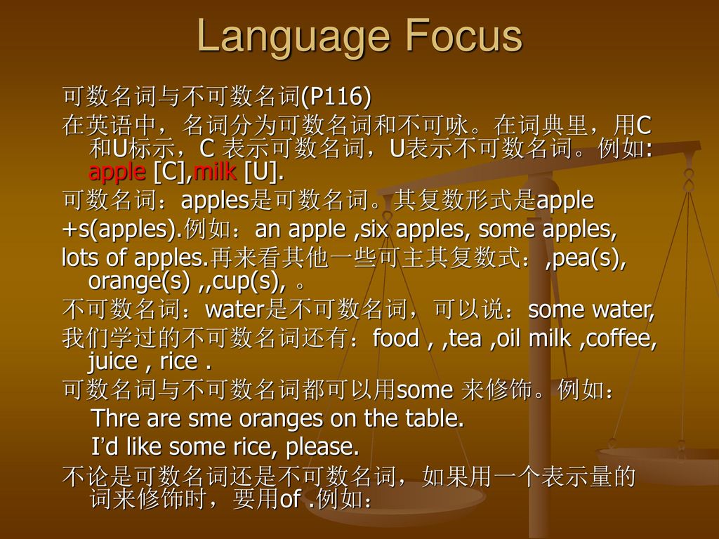 Language Focus 可数名词与不可数名词(P116)