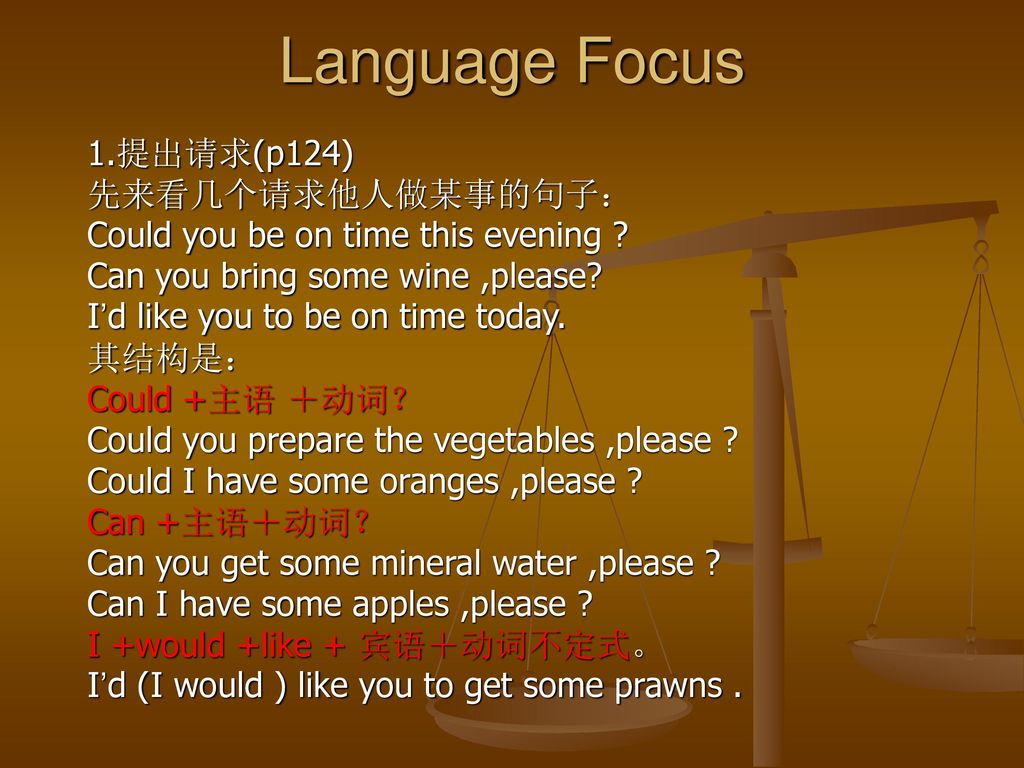 Language Focus 1.提出请求(p124) 先来看几个请求他人做某事的句子：