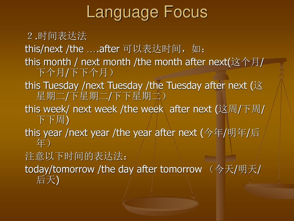 Language Focus ２.时间表达法 this/next /the ….after 可以表达时间，如：