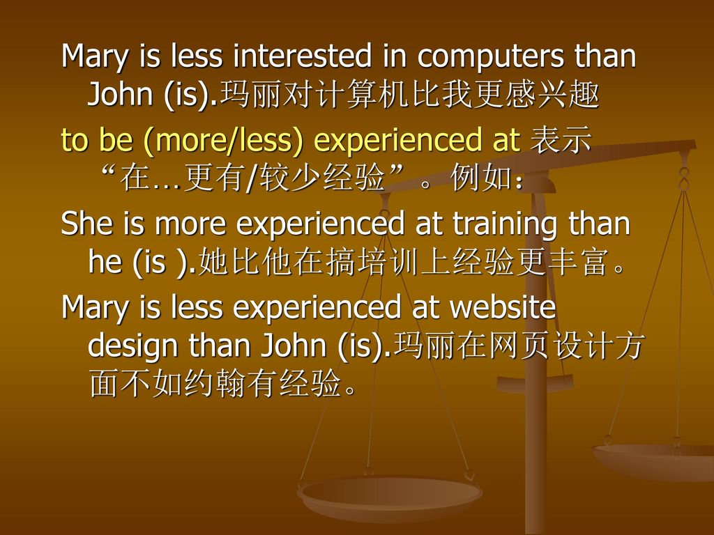 Mary is less interested in computers than John (is).玛丽对计算机比我更感兴趣