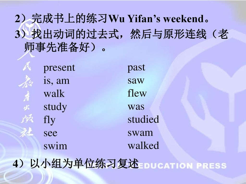 2）完成书上的练习Wu Yifan’s weekend。