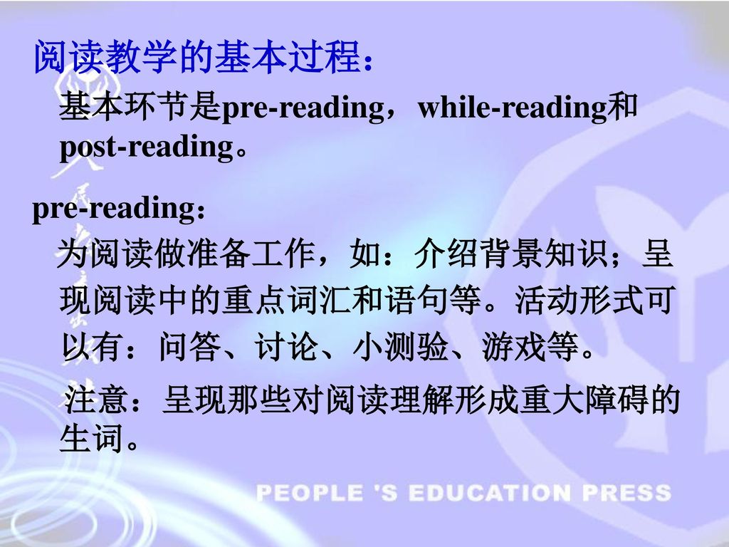阅读教学的基本过程： 基本环节是pre-reading，while-reading和post-reading。 pre-reading：