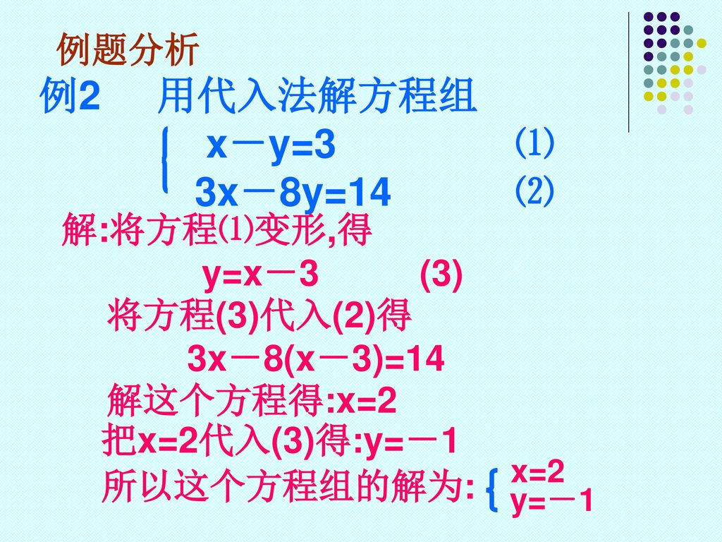 例2 用代入法解方程组 x－y=3 ⑴ 3x－8y=14 ⑵ 例题分析 解:将方程⑴变形,得 y=x－3 (3) 将方程(3)代入(2)得