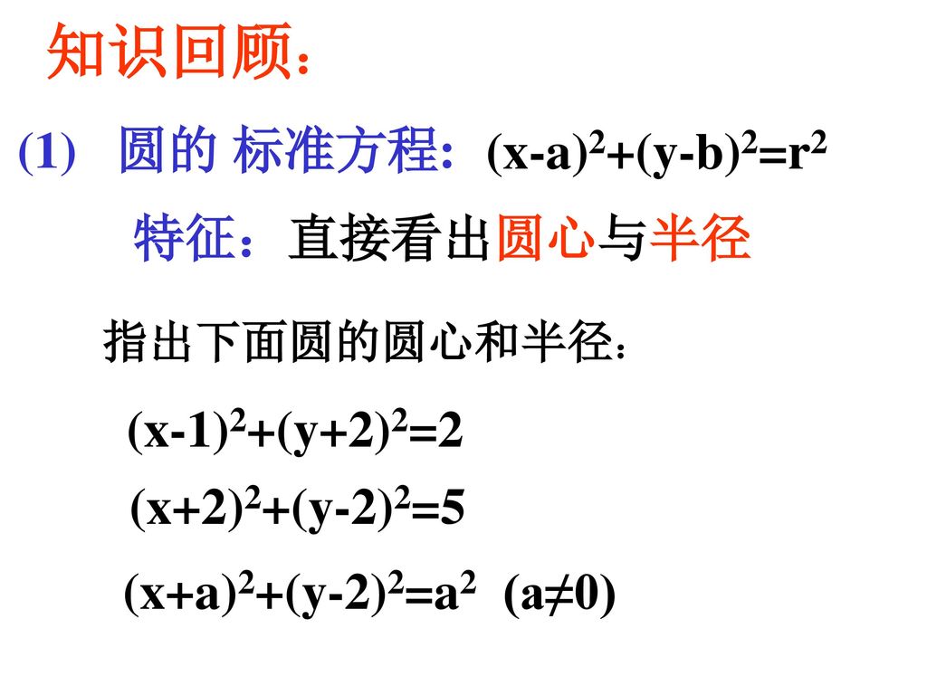 知识回顾： (1) 圆的 标准方程: 特征： 直接看出圆心与半径 指出下面圆的圆心和半径： (x-a)2+(y-b)2=r2