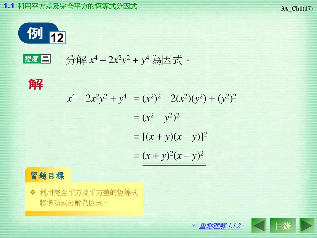 分解 x4 – 2x2y2 + y4 為因式。 x4 – 2x2y2 + y4 = (x2)2 – 2(x2)(y2) + (y2)2