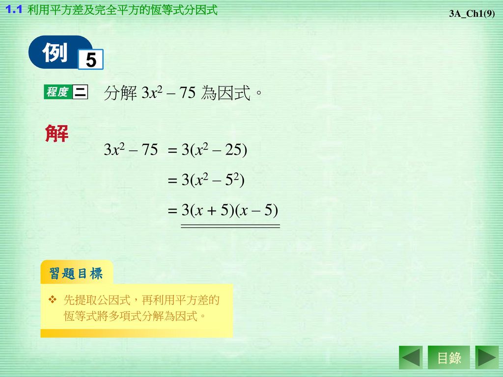 分解 3x2 – 75 為因式。 3x2 – 75 = 3(x2 – 25) = 3(x2 – 52) = 3(x + 5)(x – 5)