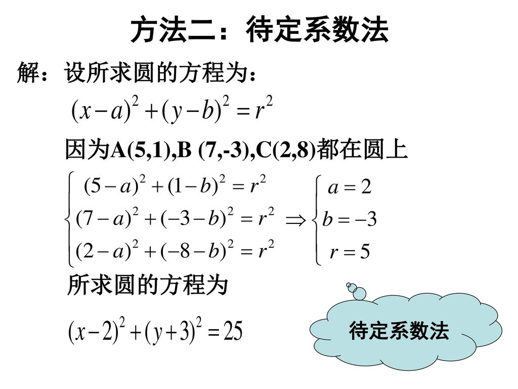方法二：待定系数法 解：设所求圆的方程为： 因为A(5,1),B (7,-3),C(2,8)都在圆上 所求圆的方程为 待定系数法