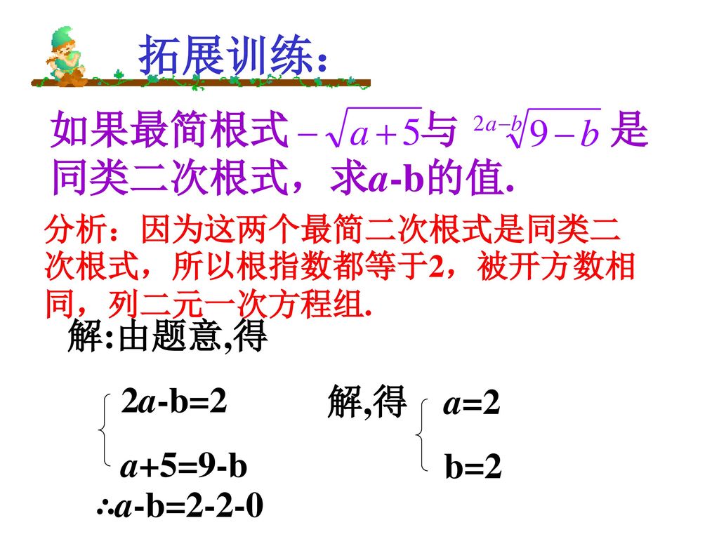 拓展训练： 如果最简根式 与 是同类二次根式，求a-b的值. 解:由题意,得 2a-b=2 a+5=9-b 解,得 a=2 b=2