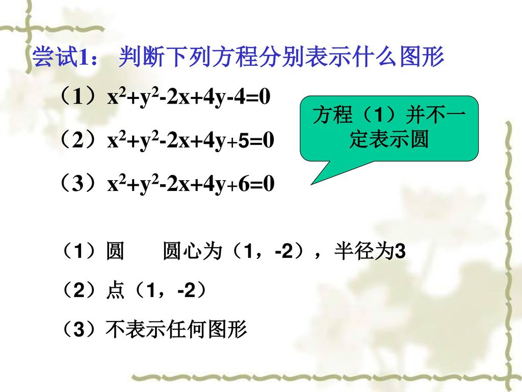 尝试1： 判断下列方程分别表示什么图形 （1）x2+y2-2x+4y-4=0 （2）x2+y2-2x+4y+5=0