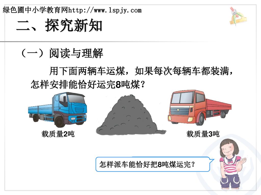 二、探究新知 （一）阅读与理解 用下面两辆车运煤，如果每次每辆车都装满， 怎样安排能恰好运完8吨煤？