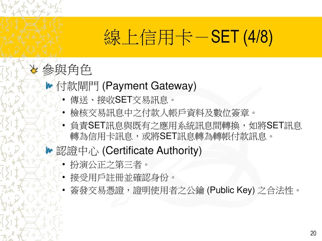 線上信用卡－SET (4/8) 參與角色 付款閘門 (Payment Gateway)
