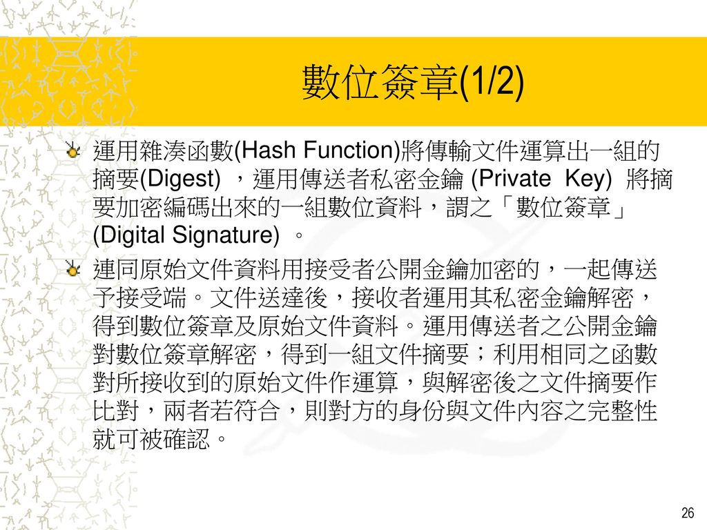 數位簽章(1/2) 運用雜湊函數(Hash Function)將傳輸文件運算出一組的摘要(Digest) ，運用傳送者私密金鑰 (Private Key) 將摘要加密編碼出來的一組數位資料，謂之「數位簽章」(Digital Signature) 。