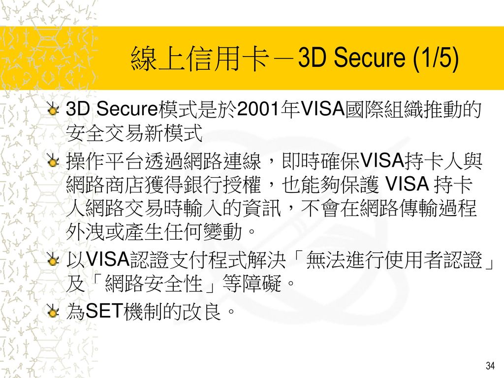 線上信用卡－3D Secure (1/5) 3D Secure模式是於2001年VISA國際組織推動的安全交易新模式
