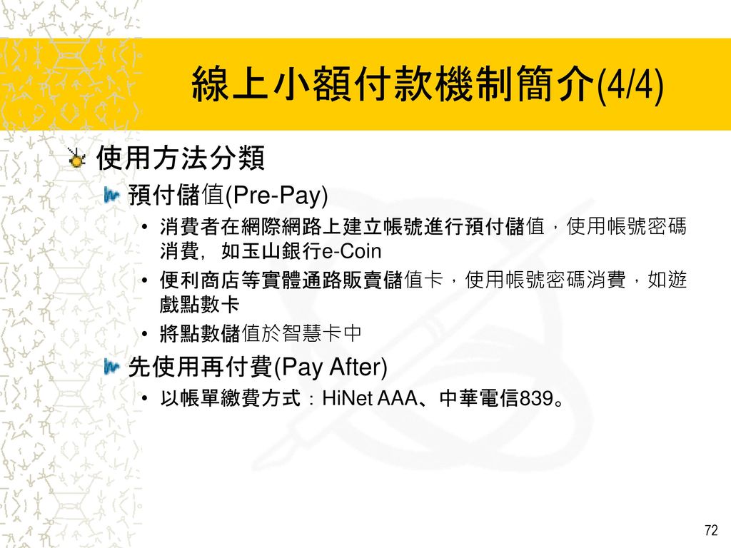 線上小額付款機制簡介(4/4) 使用方法分類 預付儲值(Pre-Pay) 先使用再付費(Pay After)