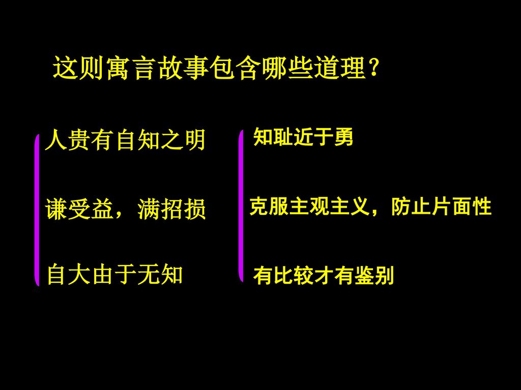 句式 闻道百，以为莫己若者，我之谓也（判断句。 用 ……者，……也 表示判断） 以为莫己若者（宾语前置句。否定句中，代词 己 作宾语前置。）