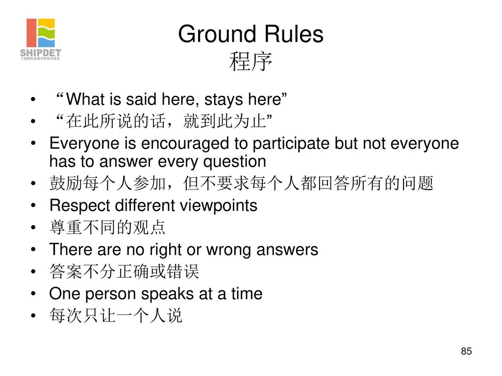 Ground Rules 程序 What is said here, stays here 在此所说的话，就到此为止