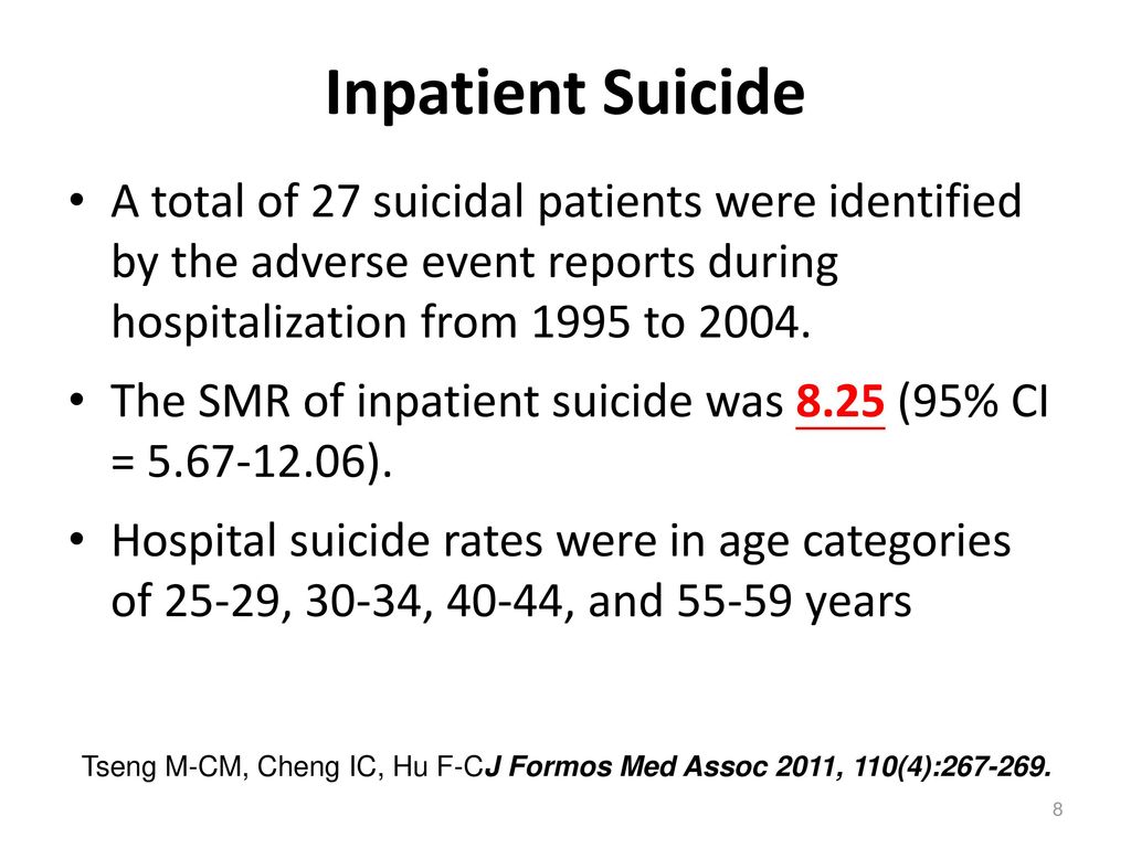 Inpatient Suicide A total of 27 suicidal patients were identified by the adverse event reports during hospitalization from 1995 to