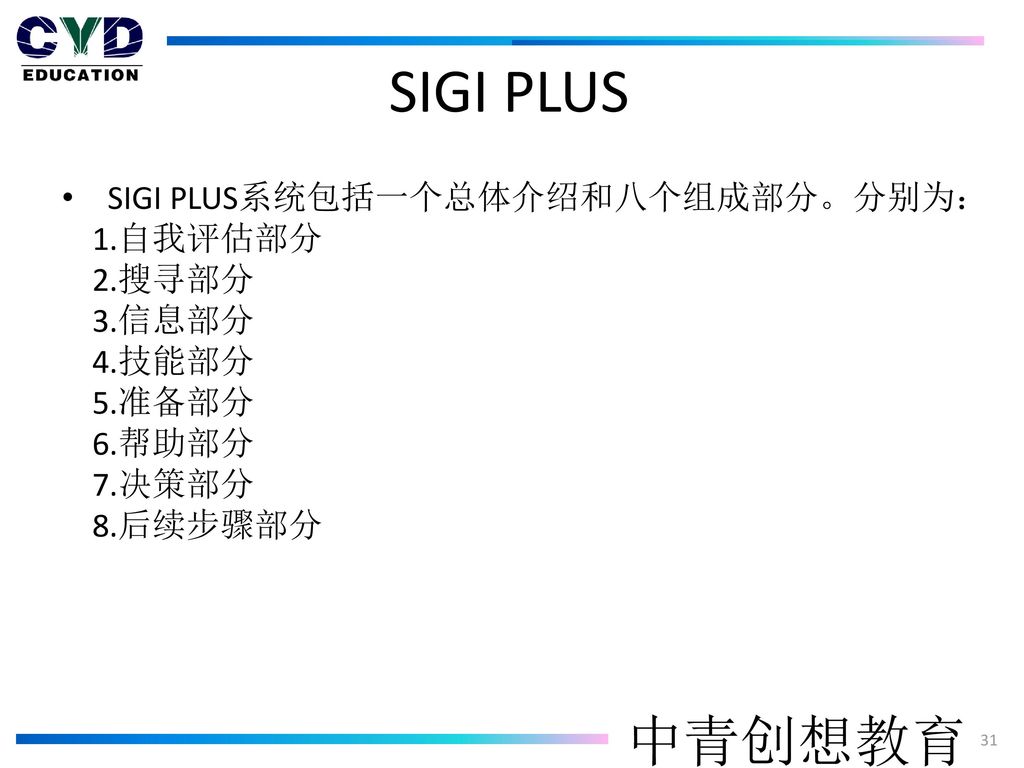 SIGI PLUS SIGI PLUS系统包括一个总体介绍和八个组成部分。分别为： 1.自我评估部分 2.搜寻部分 3.信息部分