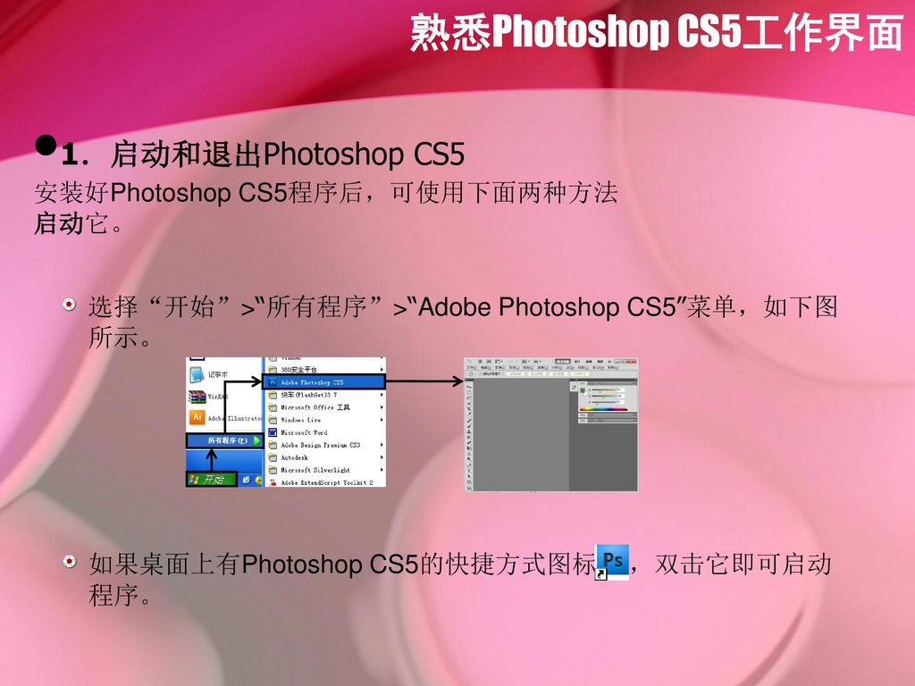 熟悉Photoshop CS5工作界面 1．启动和退出Photoshop CS5