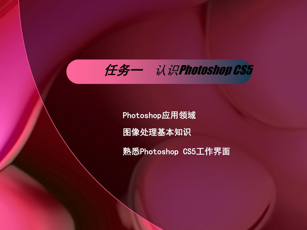 任务一 认识Photoshop CS5 Photoshop应用领域 图像处理基本知识 熟悉Photoshop CS5工作界面