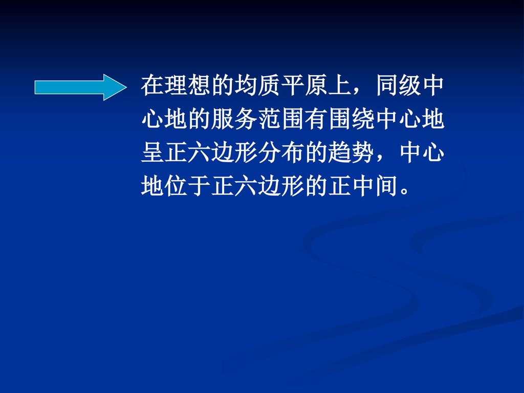 在理想的均质平原上，同级中心地的服务范围有围绕中心地呈正六边形分布的趋势，中心地位于正六边形的正中间。