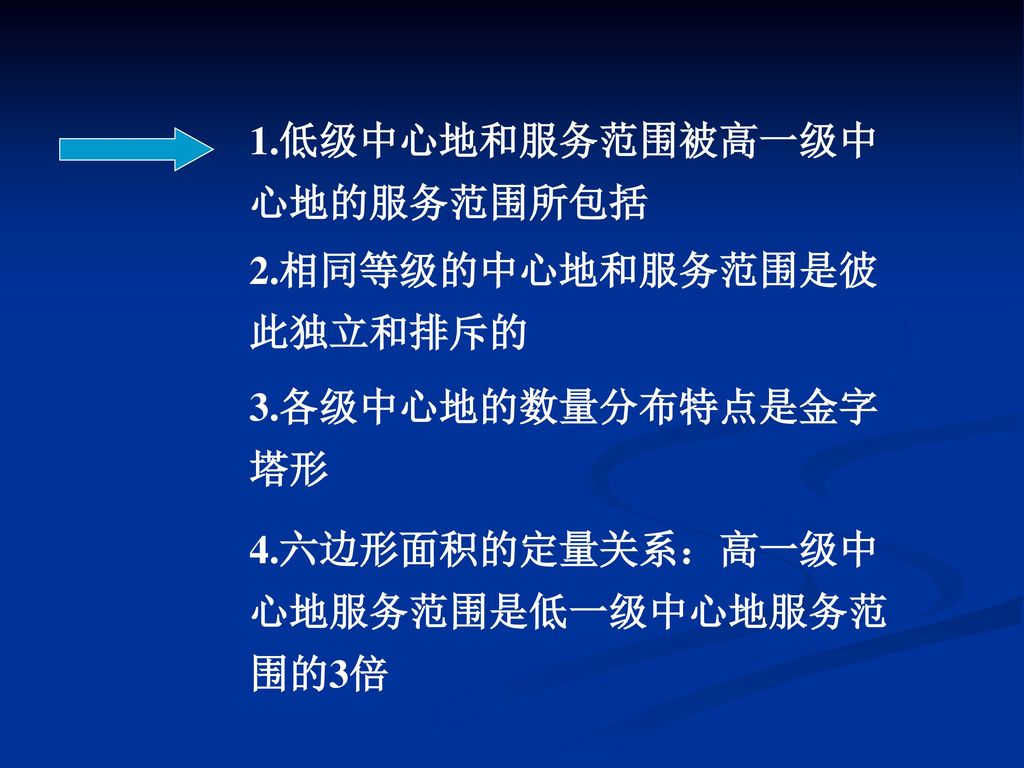 1.低级中心地和服务范围被高一级中心地的服务范围所包括