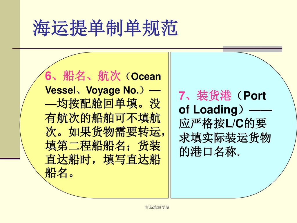 海运提单制单规范 6、船名、航次（Ocean Vessel、Voyage No.）——均按配舱回单填。没有航次的船舶可不填航次。如果货物需要转运，填第二程船船名；货装直达船时，填写直达船船名。 7、装货港（Port of Loading）——应严格按L/C的要求填实际装运货物的港口名称。
