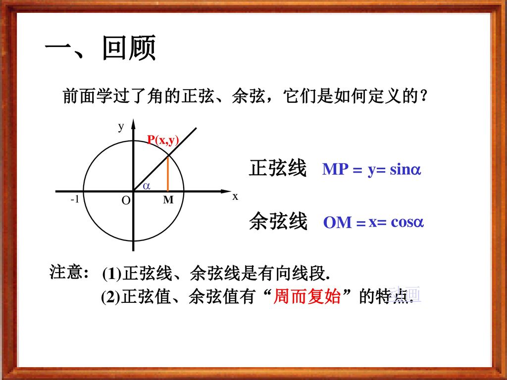 一、回顾 正弦线 MP = 余弦线 OM = 前面学过了角的正弦、余弦，它们是如何定义的？ y= sin x= cos 注意: