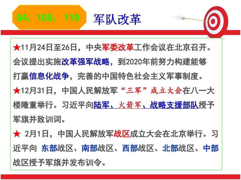 军队改革 84；105； 119 ★11月24日至26日，中央军委改革工作会议在北京召开。