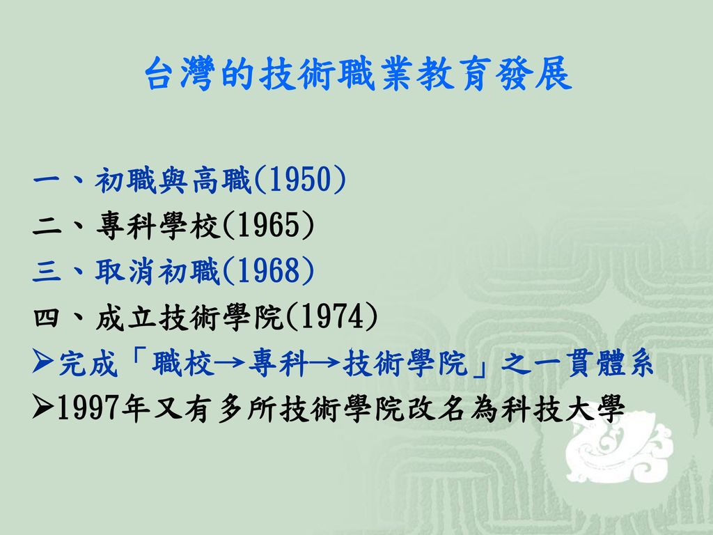 台灣的技術職業教育發展 一、初職與高職(1950) 二、專科學校(1965) 三、取消初職(1968) 四、成立技術學院(1974)