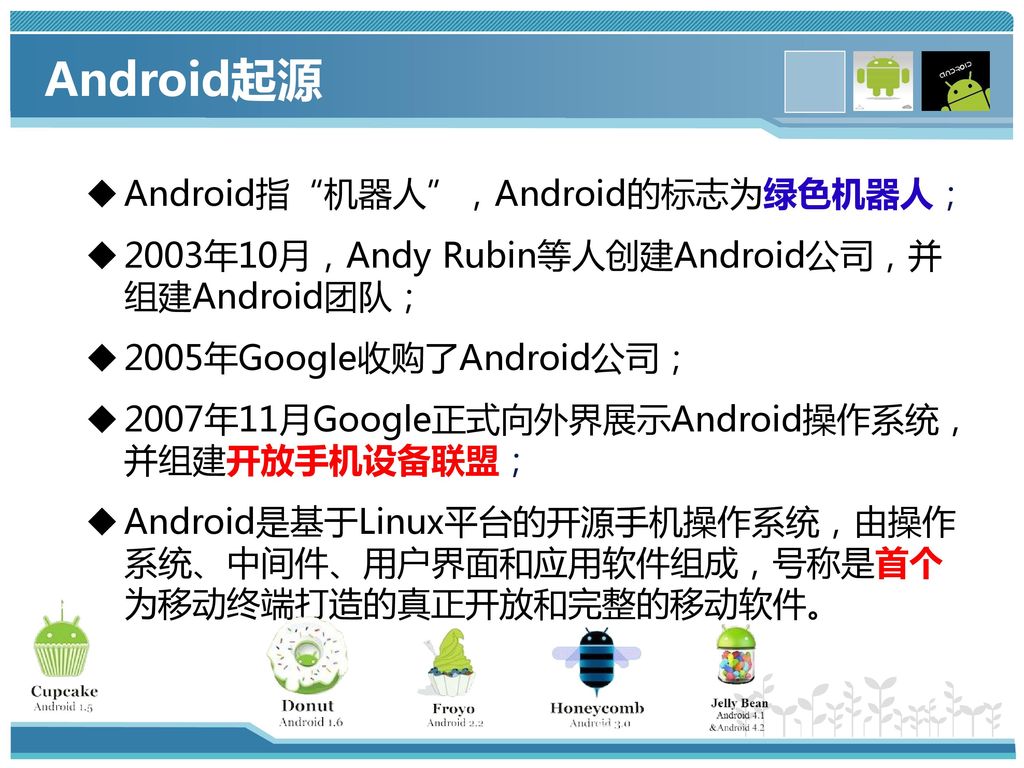 Android起源 Android指 机器人 ，Android的标志为绿色机器人；