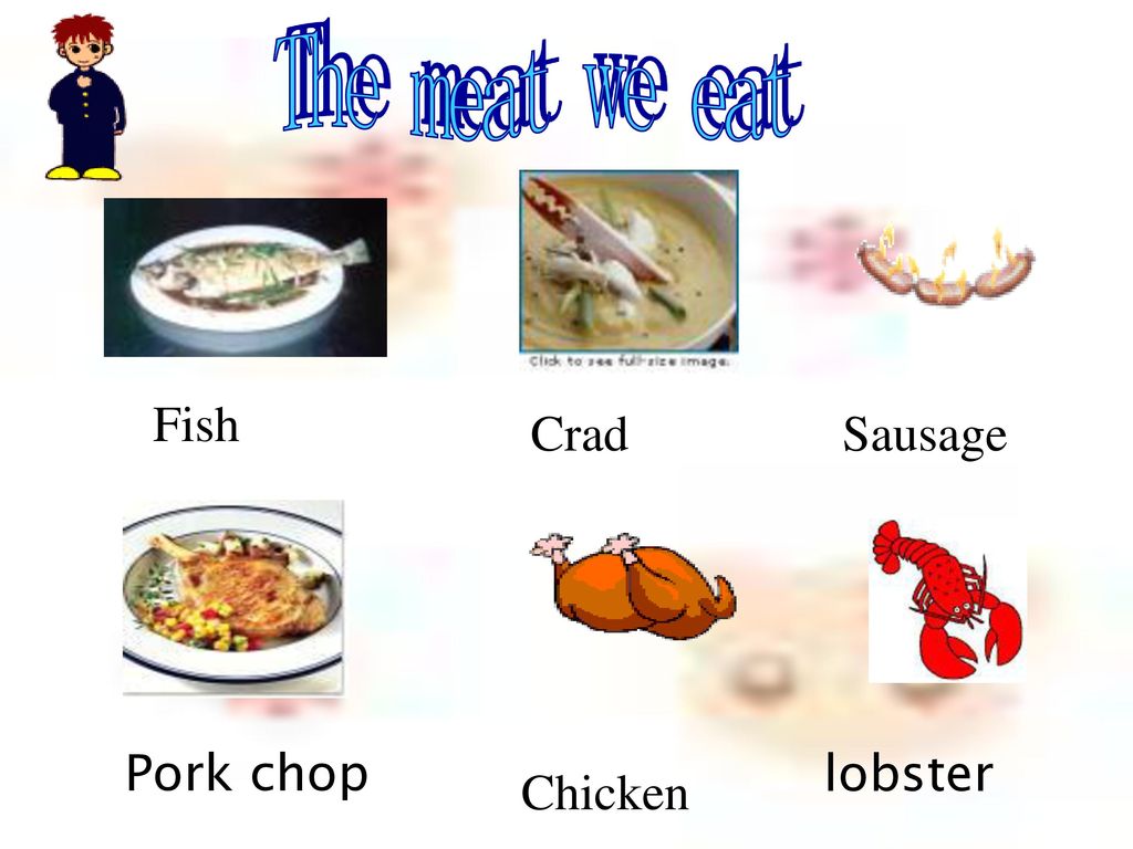 The meat we eat Fish Crad Sausage Pork chop lobster Chicken