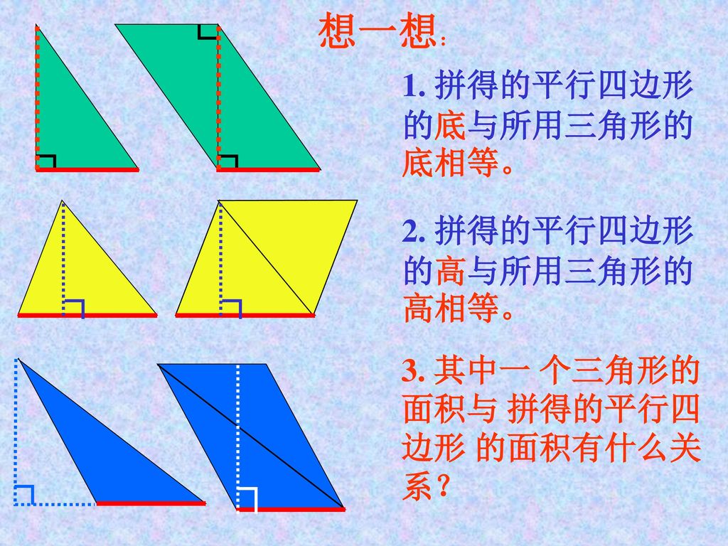 想一想： 1. 拼得的平行四边形的底与所用三角形的底相等。 2. 拼得的平行四边形的高与所用三角形的高相等。