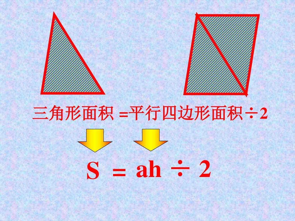 三角形面积 =平行四边形面积÷2 S = ah ÷ 2